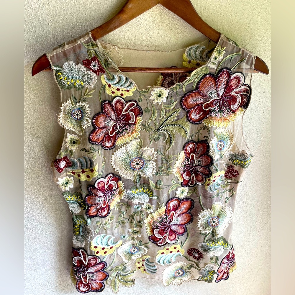 Sundance World of Wonders Organza Beaded and Embroidered Tank. Size Large